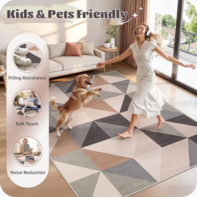 Washable Rug 6x9 Area Rugs: Modern Geometric Area Rug for Living Room Non-Slip Neutral Soft Carpet Low Pile Stain Resistant Indoor Rugs for Bedroom Nursery Dining Room Office (Beige Brown, 6'X9')