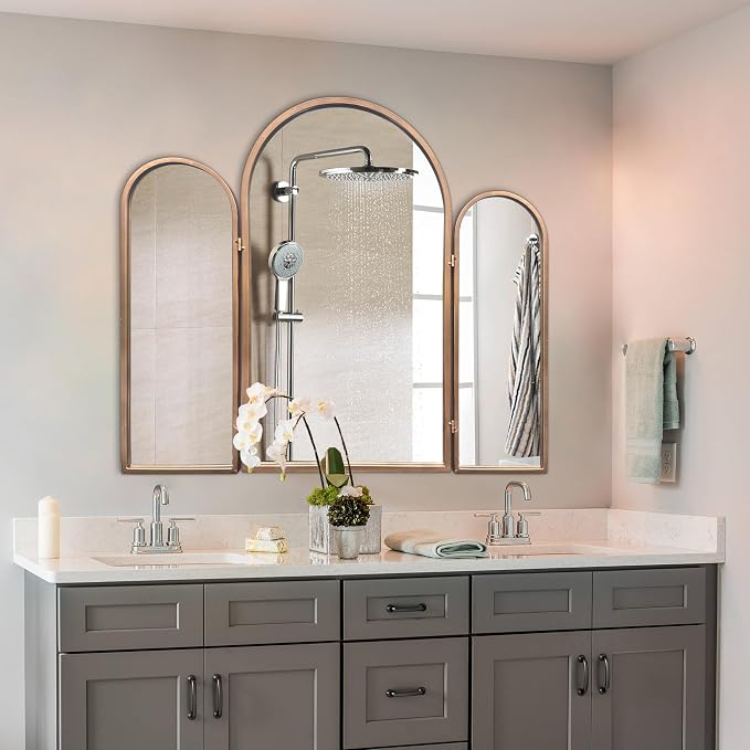 BAODANFU 3 Way Mirror Bathroom, Trifold Vanity Mirrors for Bathroom Bedroom, Large Arch Mirrors Decorative Vintage Gold, Adjustable Makeup Mirror for Braiding Hair 360° Way Tabletop & Wall Mounted