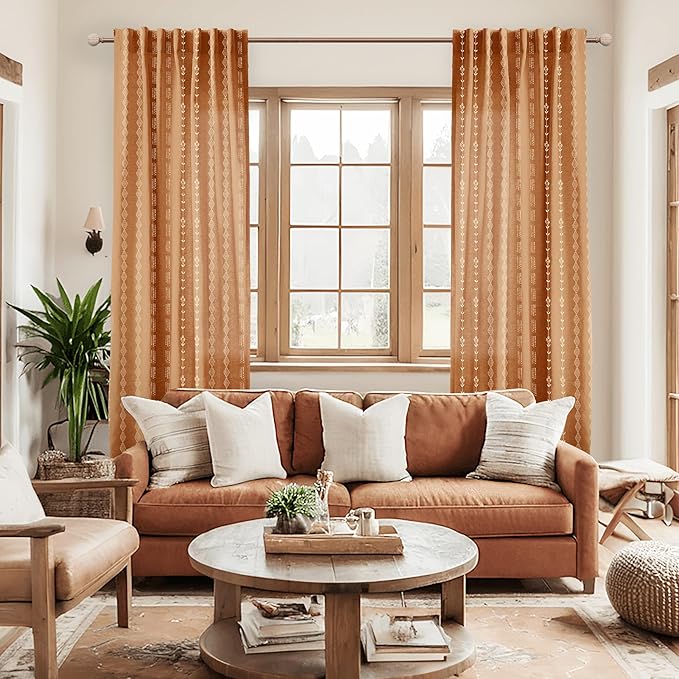 Burnt Orange Bohemian Sheer Curtains, Hippie Boho Printed Drapes for Living Room Bedroom 96 Inch Long 2 Panel Set