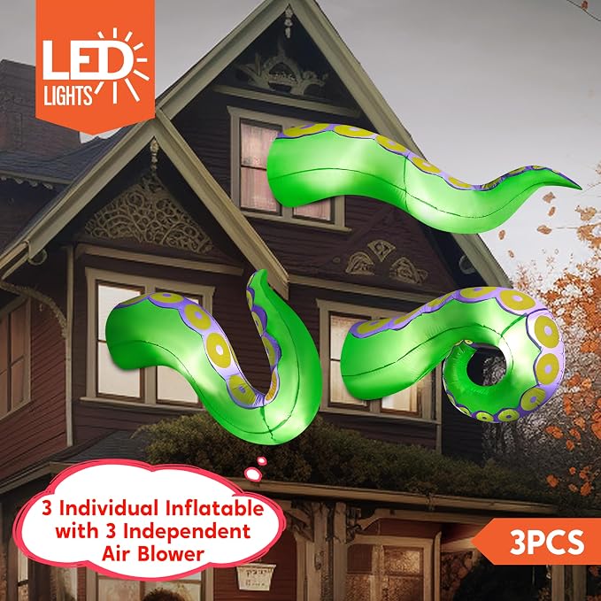 Joiedomi 3 Pcs Halloween Inflatables Green Octopus Tentacle Outdoor Decorations, Octopus Tentacle with Build-in LEDs Halloween Window Decoration with Light Blow Up for Yard Party Decors Outside