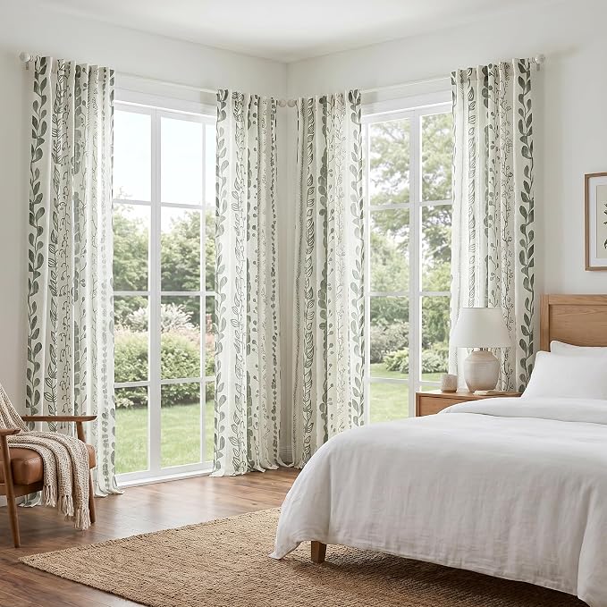 MEETSKY Sage Green Curtains 84 Inches Long 2 Panels Boho Curtains for Living Room Light Filtering Patterned Drapes for Bedroom Linen Style Back Tab Leaf Print Window Treatment, 50” Wide Each Panel