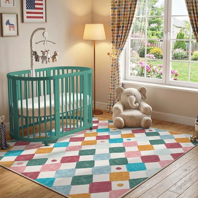 jinchan Macy Area Rug for Kids Room 6'x6' Square Rug Modern Colorful Nursery Rug Checkered Diamond Play Mat Washable Soft Non Slip Carpet for Playroom Bedroom Dorm Daycare Confetti on Cream