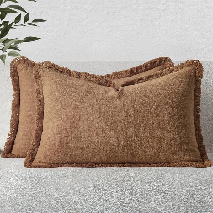 MIULEE Decorative Lumbar Throw Pillow Covers Neutral Linen Fringe Throw Pillows Set of 2 Brown Boho Farmhouse Cushion Covers with Tassels for Couch Sofa Bed Living Room Fall Home Decor 12x20 Inch