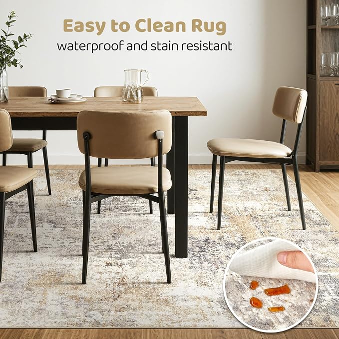 LOONGRUG 7x9 Area Rug Living Room: Machine Washable Large Abstract Soft Rugs Stain Resistant Indoor Floor Non Slip Accent Carpet for Bedroom Nursery Playroom Office Dining Room Dorm Home- Gray Gold