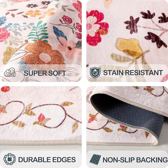 Area Rug for Living Room, 10x12 Large Washable Rugs for Dining Room, Bedroom, Non Slip Stain Resistant Carpet, Low Pile Vintage Floral Rug (Beige Red)