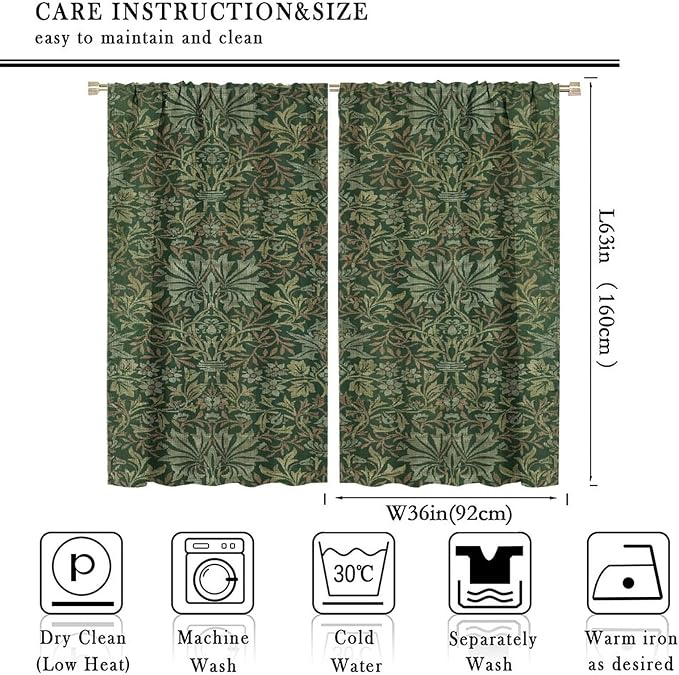 Bohemia Art Blackout Window Curtains, William Morris Original Design Green Garden Vintage Curtains, for Living Room Bedroom 36(W)*63(L) 2 Panels