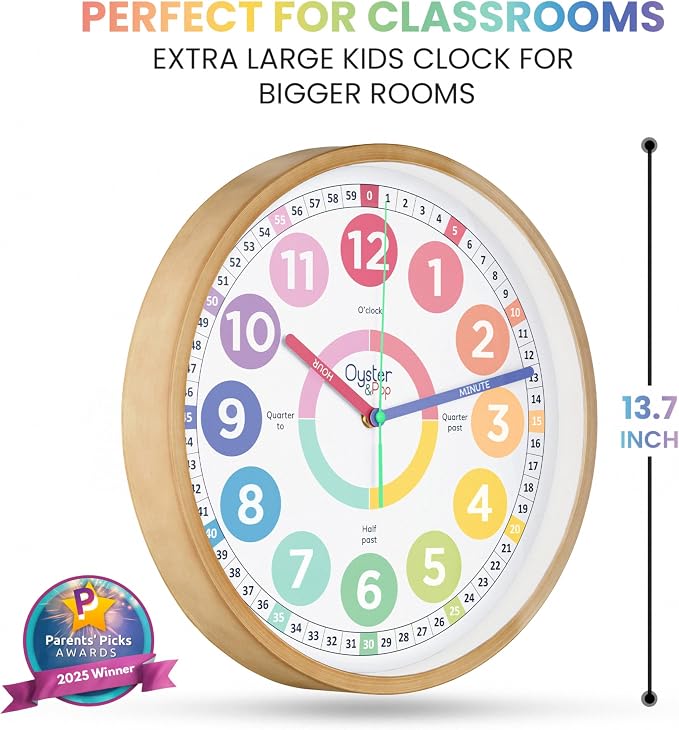 Oyster&Pop Kids Clock - Silent 14" Analog Learning Wall Clock - Award-Winning Telling Time Teaching Clock for Kids - Large for Classrooms Homeschool & Bedrooms - Includes eBook