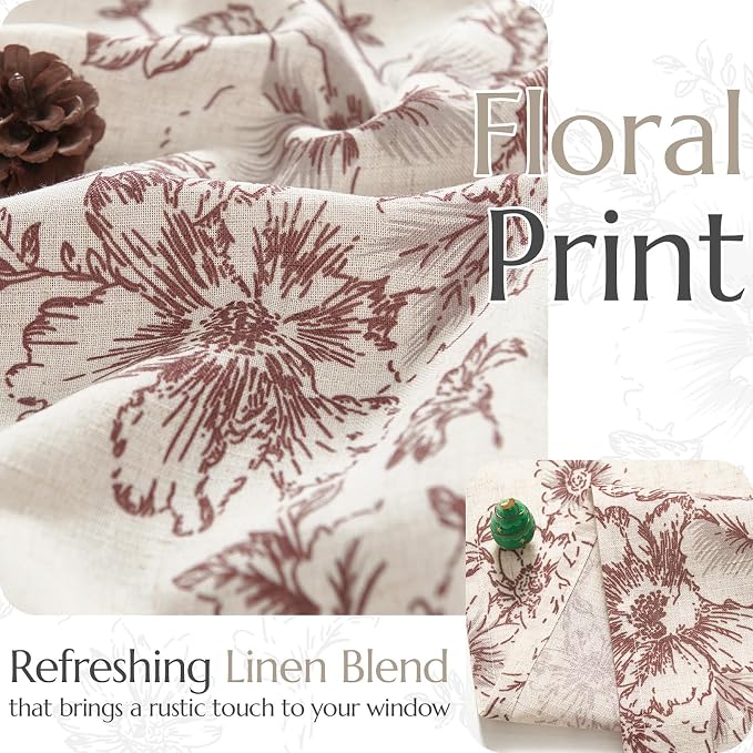 jinchan Floral Linen Tier Curtains Floral Brick Red on Beige Cafe Curtains 36 Inch Length Kitchen Living Room Bedroom Bathroom Farmhouse Rustic Country Rod Pocket 2 Panels