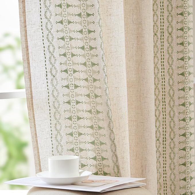 jinchan Boho Curtains for Bedroom Linen Blend Curtains Sage Green Embroidered Bordered Living Room Drapes 96 Inch Length Light Filtering Grommet Window Treatments 2 Panels Sage on Beige