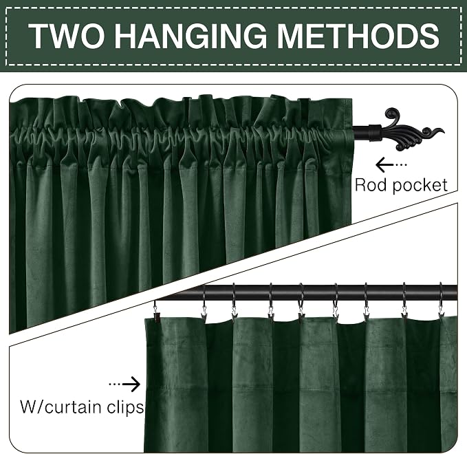 StangH Dark Green Velvet Curtains 96 inches, 2 Panels | Holiday Living Room Window Decor, 300GSM Soft Velvet, Privacy Protect, Thermal Insulated, Dining Room, Doorway