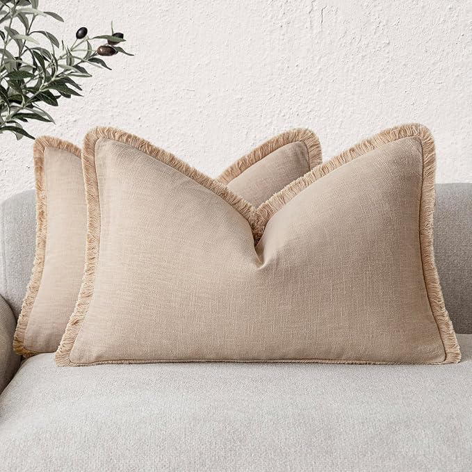 Foindtower Set of 2 Decorative Linen Fringe Lumbar Throw Pillow Covers Boho Farmhouse Cushion Cover with Tassels Soft Accent Pillowcase for Couch Sofa Bed Living Room Home Decor,12×20 Inch,Tan Beige