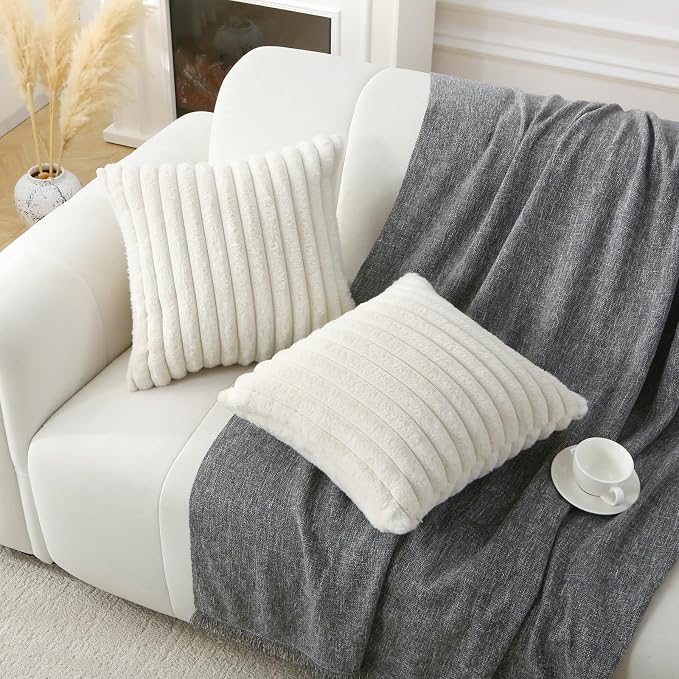 Decorative Throw Pillow with Inserts, Set of 2 Soft Faux Fur Throw Pillows, Square Boho Striped Pillow for Couch, Bed, Sofa Decor(Beige, 16" x 16")