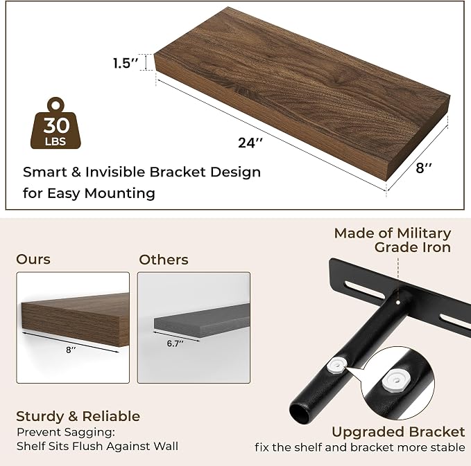 RICHFOCUS 24Inch Floating Shelves for Wall 2 Pack Shelves for Bedroom|Kitchen|Bathroom Wall Mounted Rustic Wood Floating Shelf with Invisible Brackets for Books|Storage|Decor, Walnut