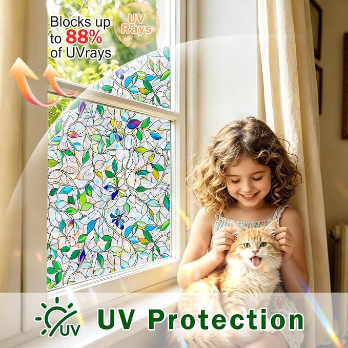 Stained Glass Window Film, Rainbow Privacy, One Way Decorative Tint, Static Cling, Renter Friendly for Home Bathroom Door