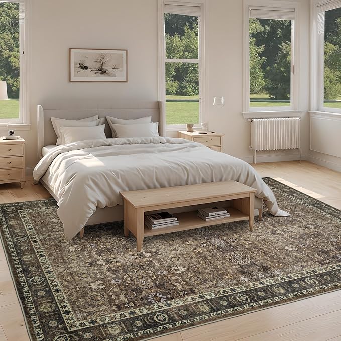 5x7 Vintage Washable Area Rug for Living Room,Non Slip Boho Carpet Non-Shedding Area Rug Soft Indoor Stain Resistant Rug Floral Print Mat for Bedroom Dining Room Brown Floral