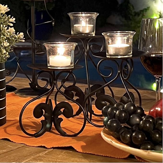 Lily’s Home Elegant Scrollwork Fleur De Lis Pillar Candle Holders, Wax & LED Candle Stands, Black, Set of 3. Candles Not Included