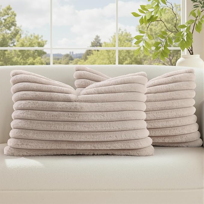 decorUhome Fall Cozy Faux Fur Throw Pillow Covers 12x20 Set of 2 Decorative Soft Plush Striped Lumbar Modern Farmhouse Boho Couch Pillow Cases with Velvet Back for Sofa Bed Living Room, Tan