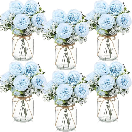 Zeyune 6 Sets Mason Jar Centerpiece Table Decorations, Artificial Peony Baby's Breath Flower Bouquets, Faux Flowers with Vase, Rustic Decor Gifts for Home, Wedding, Holiday (Blue)