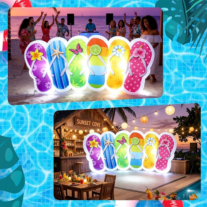 VIHOSE 5 FT Summer Inflatable Flip Flop Blow Up Slipper with Built in LED Lights Oversized Party Decoration for Pool Beach Lawn Yard Hawaiian Luau Tropical