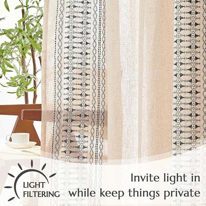jinchan Boho Curtains Embroidered Linen Blend Window Curtains for Bedroom, Drapes 84 Inch Length 2 Panels Set, Geometry Grommet Bohemian Window Treatments Set for Living Room Black on Beige