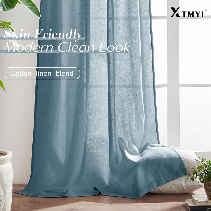 XTMYI Dusty Blue Curtains 84 Inches Long for Living Room,Light Filtering Country Vintage Hooks Pleated Back Tab Semi Sheer Linen Curtains for Bedroom 2 Panels Set,Grey Stone Blue