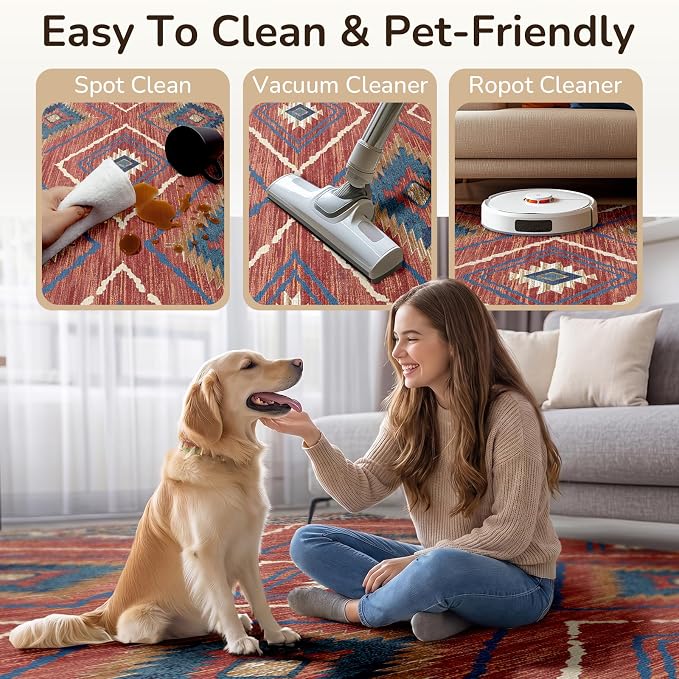 BESTSWEETIE Area Rug 7x9Rug Machine Washable Non-Slip Low Pile Print Pattern Western Rug for Living Room Bedroom Entryway Tribal Series-Red/Orange