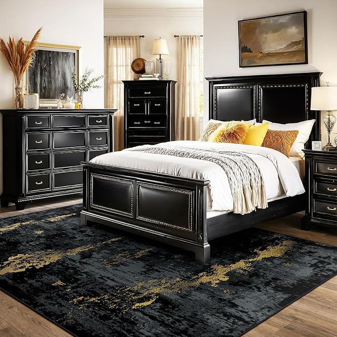 RELEANY Washable Area Rugs 9'x12' Non-Slip Modern Abstract Soft for Living Room Entryway Bedroom Kitchen, Print Pattern, Dark Black Gold