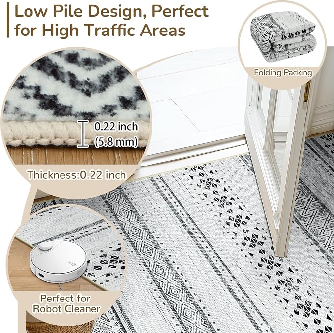 BESTSWEETIE 9x12 Area Rugs for Living Room Washable Moroccan Farmhouse Neutral Geometric Low Pile Non-Slip Soft Print Pattern Rug for Bedroom Kitchen Dining Room Entryway Grey/Black/Navy
