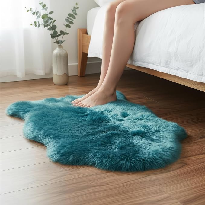 Beach Blue Genuine Sheepskin Rug 2x3 ft, Real Fluffy Single Pelt Fur Accent Rug for Chair, Seat Cover, Nursery & Home Decor, Natural & Soft Shaggy Throw