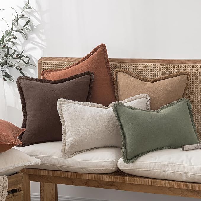 MIULEE Decorative Throw Pillow Covers Neutral Linen Fringe Throw Pillows Euro Shams Set of 2 Dark Brown Boho Farmhouse Cushion Covers for Couch Sofa Bed Living Room Fall Home Decor 22x22 Inch