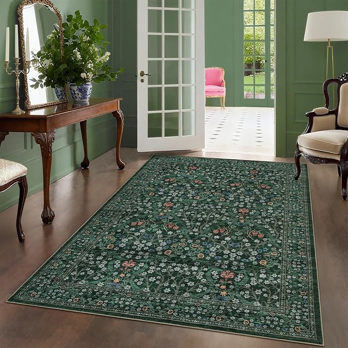 GarveeHome 6x9 Washable Area Rug for Living Room, Floral Dining Room Rugs for Under Table, Low Pile Non-Slip Stain Resistance Floor Carpet for Bedroom, Dark Green