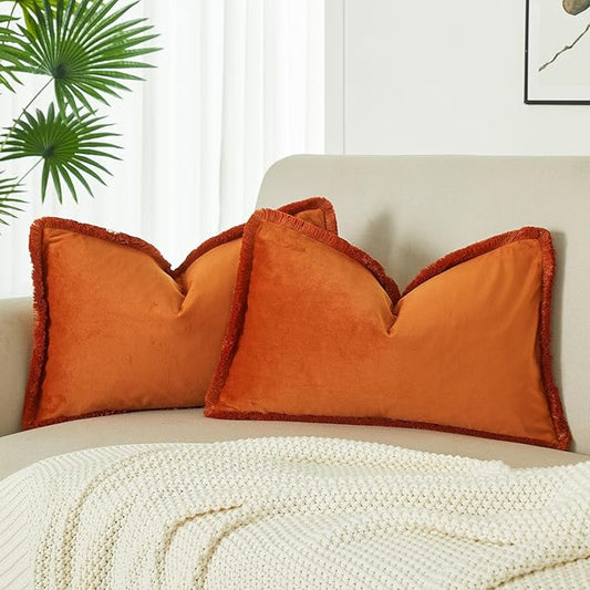 JUSPURBET Pack of 2 Rust Decorative Fringe Velvet Throw Pillow Covers 16x24 for Home Decor Living Room Bedroom Car Boho Soft Cushion Cover with Hidden Zipper Machine Washable