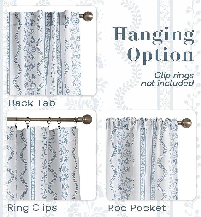 Light Blue and White Sheer Floral Linen Curtains 96 Inches Long 2 Panels Set,Dusty Blue Nautical Beachy Pattern Printed Light Filtering Window Treatments for Living Room Bedroom
