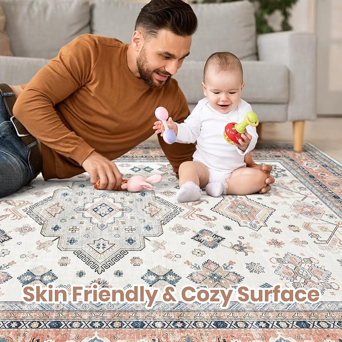 Vintage Living Room Area Rug 9x12 - Large Soft Washable Oriental Traditional Distressed Farmhouse Rugs for Bedroom - Indoor Floor Accent Carpet for Home Office House Decor - Coral Pink