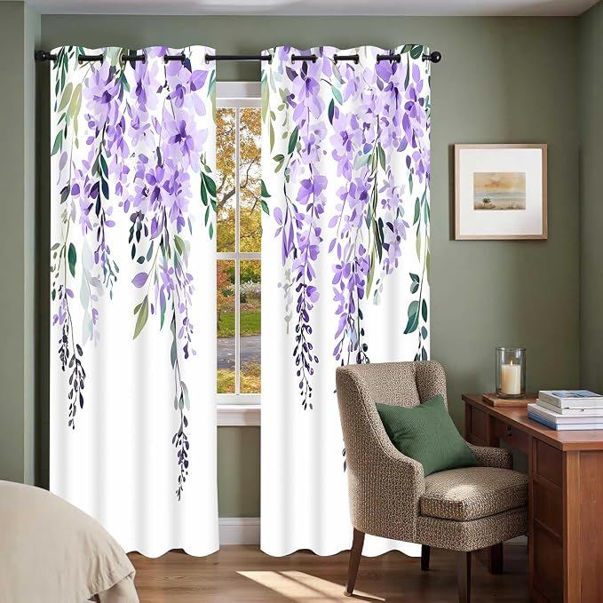 Purple Watercolor Floral Curtains, 42x72 inch, 2 Panels | Botanical Leaves Vine Flowers, Rustic Farmhouse Style, Blackout Window Treatment, For Bedroom Living Room