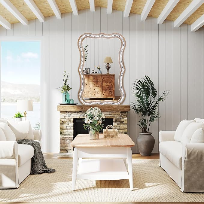36x24 Inch Wavy Mirror for Wall Decor, Wooden Bathroom Decorative Mirrors | Hang Vertically or Horizontally to Fit Living Room, Entryway, Sideboards, Dresser, Hallway, Foyer or Rental Spaces