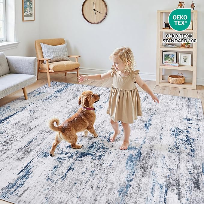 Area Rugs 6x9 Living Room: Large Modern Abstract Washable Rug Soft Anti-Skid Non-Shedding Carpet Indoor Floor Thin Carpets for Bedroom Dining Room Farmhouse Nursery Home Office White Blue Grey