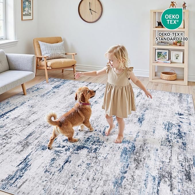 Area Rug Living Room Rugs: 8x10 Large Soft Indoor Carpet Modern Abstract Rug with Non Slip Rubber Backing for Under Dining Table Nursery Home Office Bedroom White Gray Blue