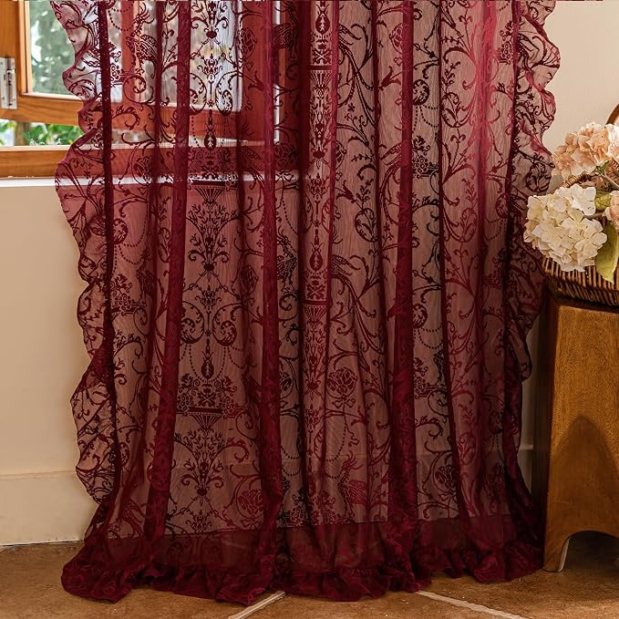 TUDECO Burgundy Sheer Curtains 84 Inches Long for Living Room - Luxury Modern Maroon Red Sheer Curtains for Bedroom, Aesthetic Tulle Rod Pocket Light Filtering Farmhouse Red Drapes, 59 x 84 Inch