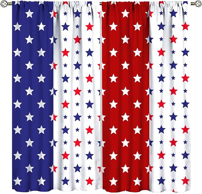 4th of July Curtain,Patriotic Stars Stripes Red White Blue Independence Day Drapes for Bedroom Living Room Kitchen Window Treatment 2 Panels Set Total Size 63" W X 63" L Inch