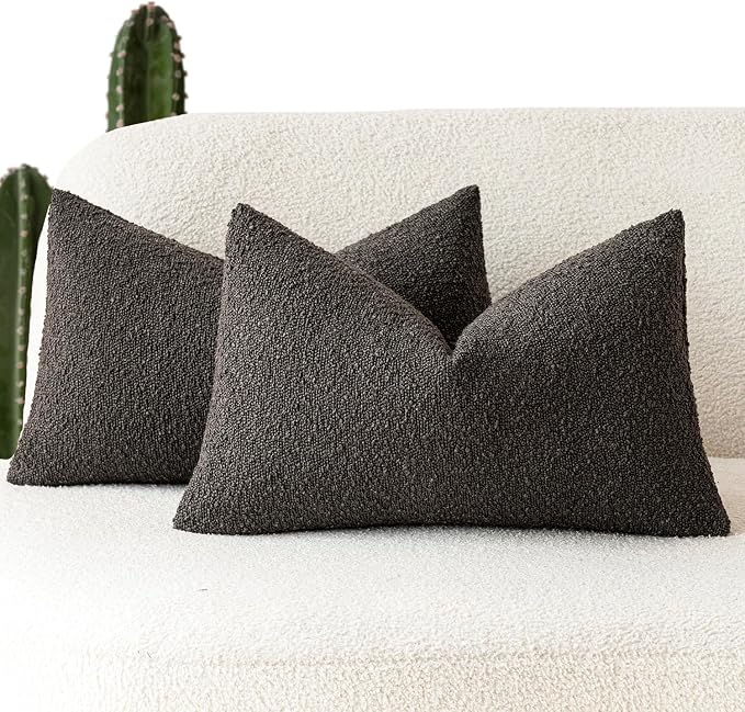 Foindtower Pack of 2 Textured Boucle Throw Pillow Covers Accent Solid Decorative Lumbar Pillow Cases Cozy Couch Cushion Case for Sofa Living Room Home Decor, 12 x 20 Inch,Dark Brown