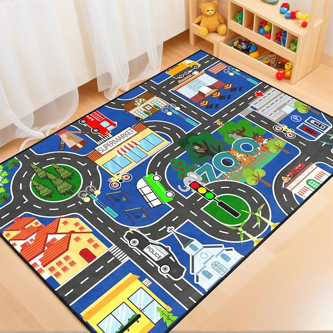 Road Rug for Kids - Car Rug Play Mat for Boys Room, Blue Road Carpet Playmat Fun Race Track Car Carpet for Kids Bedroom Playroom Home Decor Floor Mat, 4.5x6 Feet