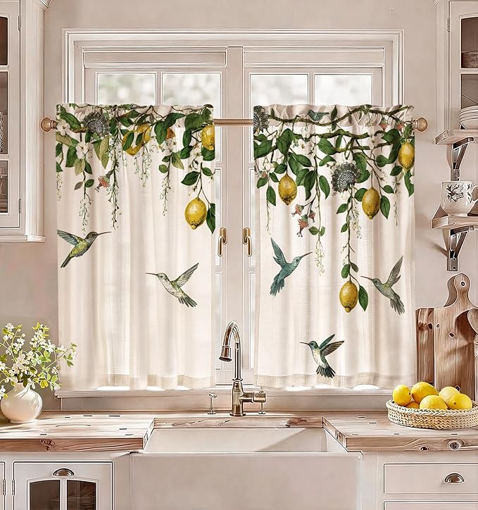 Miss Adola Farmhouse Kitchen Tier Curtains - 36 Inch Length Linen Blend Vintage Cafe Curtains Lemon Bird Small Window Treatments Over Sink Rod Pocket for Bathroom Living Room Light Filtering, 2 Panels