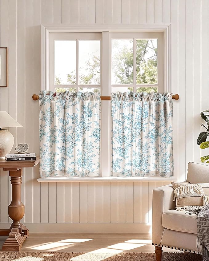 Miss Adola Farmhouse Kitchen Tier Curtains - 30 Inch Length Linen Blend Cafe Curtains Blue Floral Small Window Treatments Over Sink Rod Pocket for Bathroom Living Room Light Filtering, 2 Panels