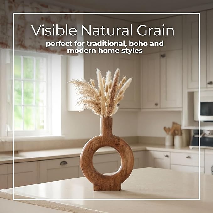 Mango Wood Decorative Vase – Table Decor Flower Holder, Living Room Tabletop Decor, Modern Donut Design Vase Accent for Circle Table Home Decor – 18", Brown