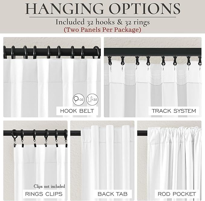 BrightWhite Linen 86 Inch 100% Blackout Curtains for Bedroom, Pleated Heading Tape Ring Clips Back Tab Thermal Custom Made Window Curtains Living Room Modern Farmhouse (100 Wide Total, Each W50"x2Pcs)