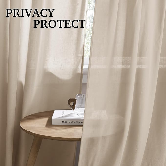 RYB HOME Semi Sheer Curtains 84 inches 2 Panels Set, Faux Linen Texture Light Filtering Airy Half Privacy Gauze Curtain Cortina for Home Office Farmhouse, W 52 x L 84, Taupe