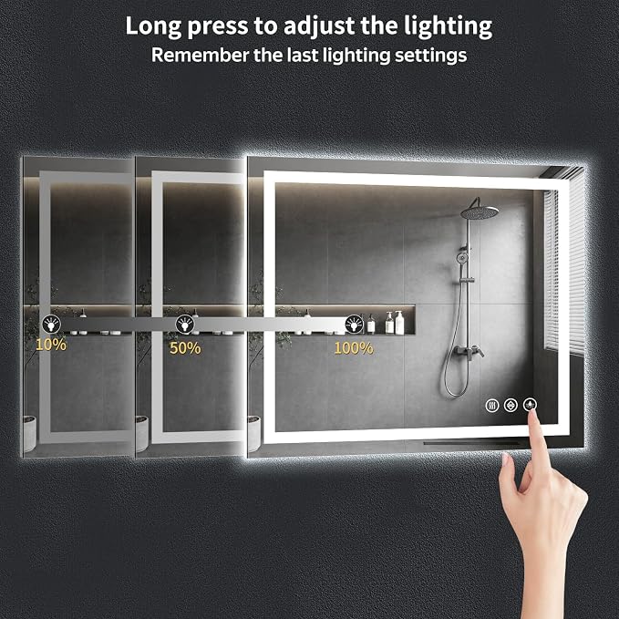 48"x36" LED Bathroom Mirror with Lights, Backlit + Front Lit with CRI>90, Lighted Mirror for Bathroom, Anti-Fog, Dimmable Brightness, 3 Colors, Memory Function, Shatterproof Tempered Glass