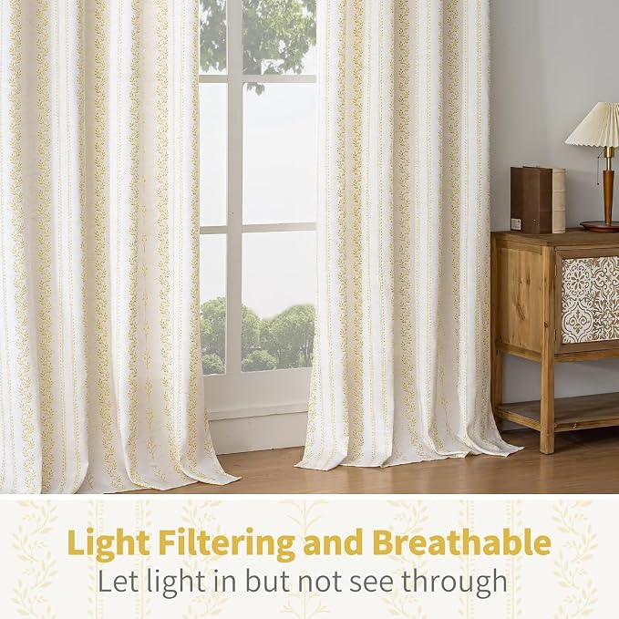 BGment Mustard Yellow Vintage Floral Linen Curtains for Farmhouse - Boho Curtains 96 Inch Long Light Filtering Window Drapes for Country Rustic Living Room, Each 52 Inch Wide, 2 Panels Set