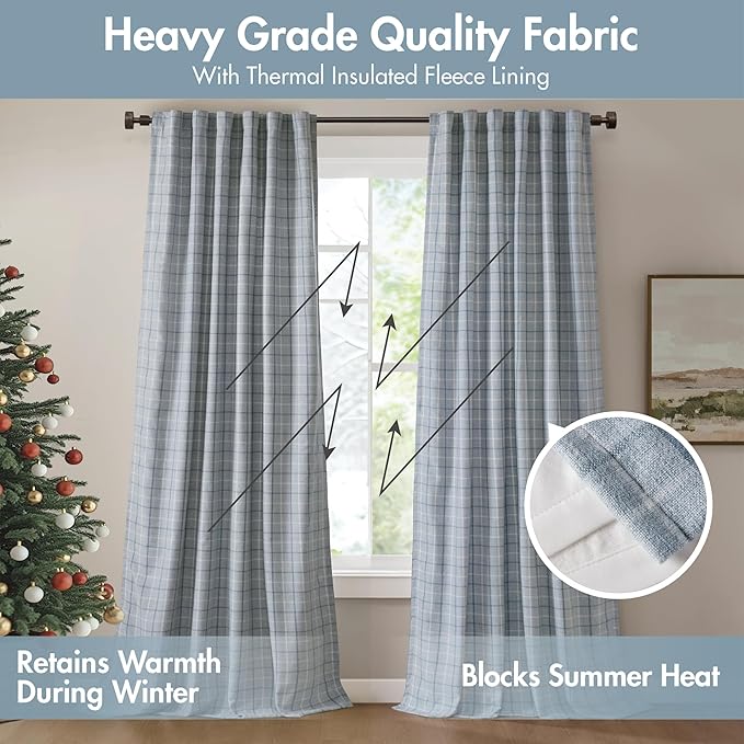 Madison Park Anaheim Cabin Plaid Curtain Window, Thermal Insulated Fleece Lining, Living Room Decor Room Darkening Drape for Bedroom, 1-Single Panel Pack, 50x95, Rod Pocket & Back Tab, Denim Blue